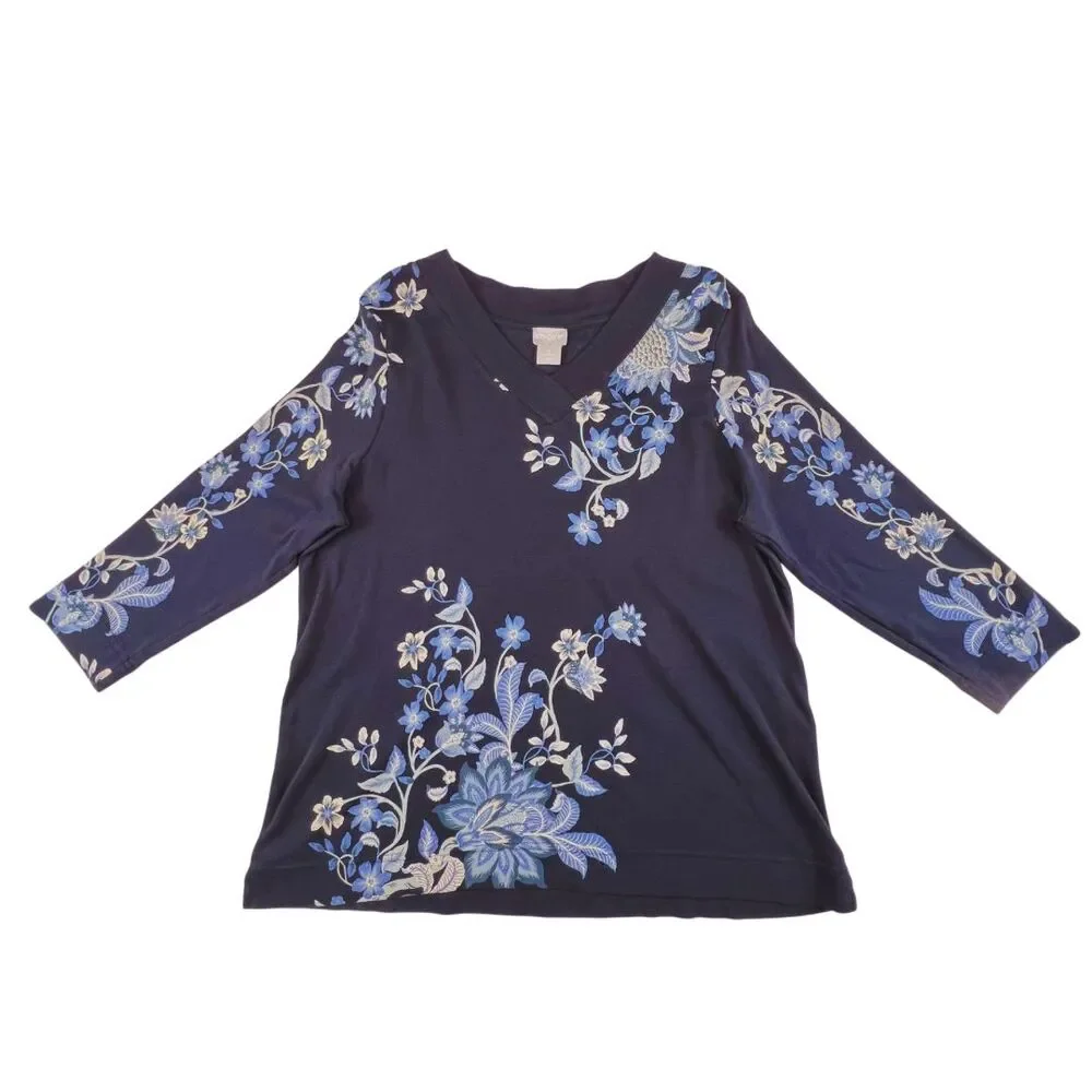 Chicos Top 2 Large Midnight Blue Artisan Floral V Neck Resort Wear Chic Blouse - Picture 5 of 9
